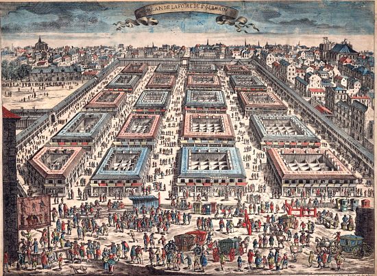 La foire de Saint-Germain, à Paris, vers 1670. Gravure réalisée par l'un des membres de la famille de graveurs Jollain et publiée en 1715