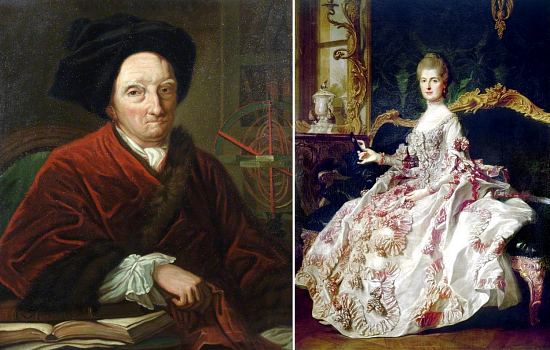 À gauche : Fontenelle peint par Guillaume Voirot (1713-1799). À droite : Anne-Catherine de Ligniville (Madame Helvétius) peinte par Louis-Michel van Loo (1707-1771)