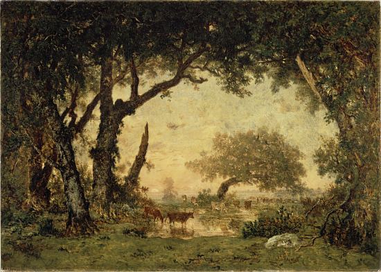 Sortie de forêt à Fontainebleau, soleil couchant. Peinture de Théodore Rousseau (vers 1850)