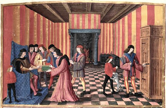 La formation des pages. Enluminure extraite de La fleur des hystoires par Jehan Mansel (manuscrit BnF n°53 du XVe siècle)
