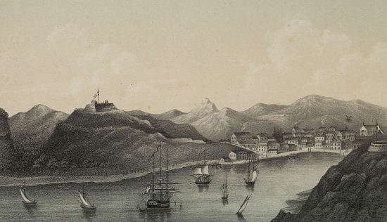 Lithographie du XIXe siècle représentant le bourg et le port de Gustavia. On distingue au premier plan, sur la droite, le fort Oscar et au second plan à gauche, le fort Gustaf III
