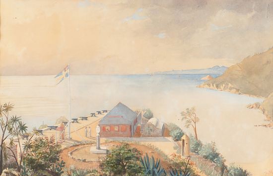 Vue vers le nord de la batterie du fort Gustaf III, 1866. Aquarelle d'Anton Molander