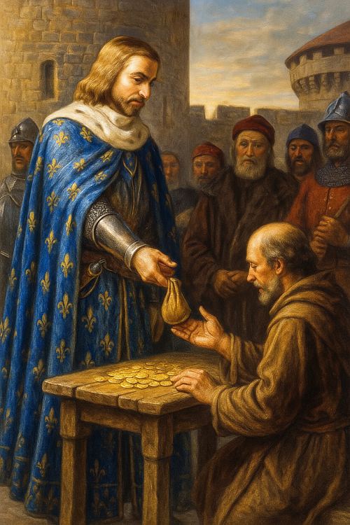 Jean II, en armure d'apparat et manteau bleu fleurdelisé, tend une bourse d'or à un orfèvre agenouillé devant lui, symbole du retour à la souveraineté du royaume après la captivité du roi (le roi avait été libéré en juillet 1360)