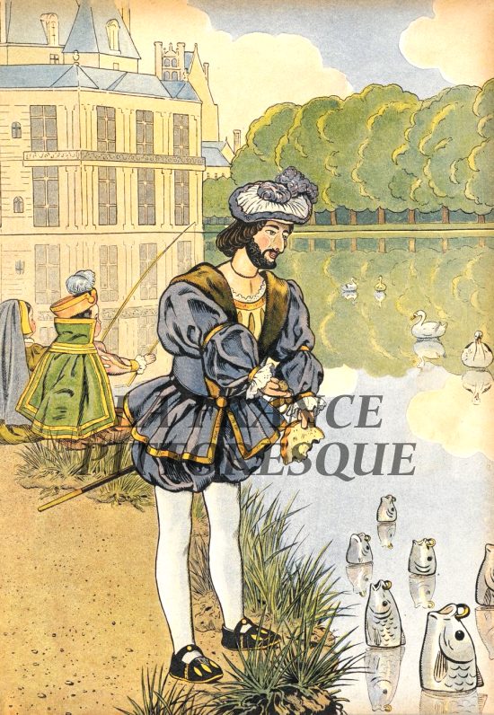 François Ier nourrissant ses carpes. Illustration extraite de Jouons à l'Histoire. La France mise en scène avec les joujoux de deux petits Français de Job et Georges Montorgueil, paru en 1908