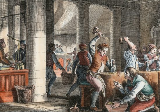 Frappe de pièces. Altération des monnaies en 1295. Dessin (colorisé) de 1780 de Jean-Michel Moreau le Jeune (1741-1814)