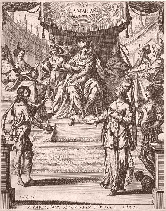 Frontispice de La Mariane, tragédie de Tristan l'Hermite créée en 1636 et imprimée en 1637. Gravure d'Abraham Bosse. Le personnage de Mariane se tient debout, à droite, devant Hérode et sa cour