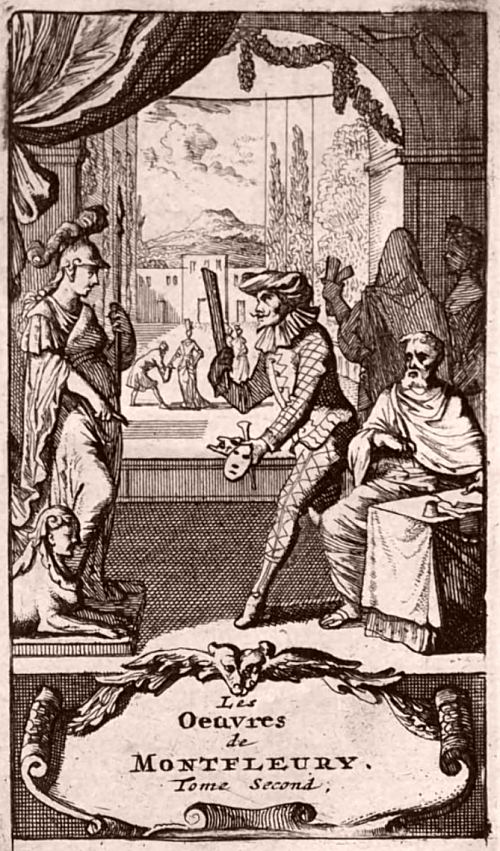 Frontispice de l'édition de 1735 du tome second des OEuvres de Montfleury, contenant ses pièces de théâtre, représentées par la troupe des comédiens du roi à Paris