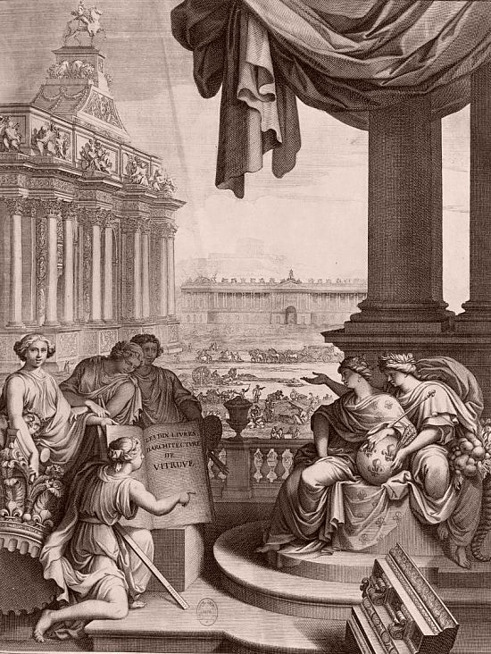 La colonnade du Louvre, l'Observatoire et l'arc de triomphe de la place du Trône apparaissent dans le frontispice de la traduction par Claude Perrault des Dix livres d'architecture de Vitruve
