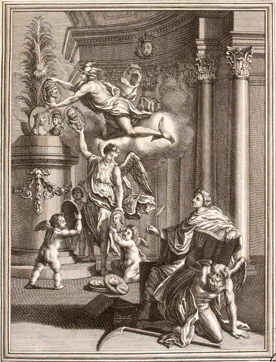 Frontispice de l'édition de 1789 de l'Histoire de France avant Clovis ; précédant et faisant partie de l'Histoire de France, commencée par MM. Velly et Villaret, et continuée par M. Garnier, historiographe du roi... par M. Laureau, écuyer, historiographe de monseigneur comte d'Artois