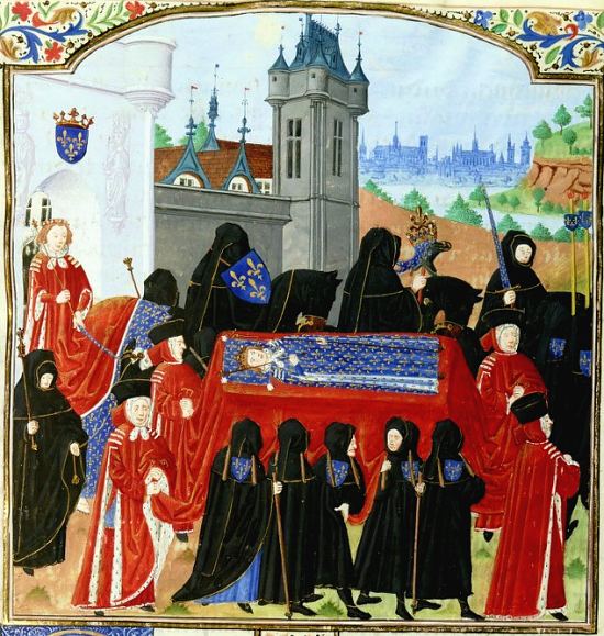 Effigie de Charles VI transportée sur une litière (octobre 1422). Enluminure extraite de La Cronicque du temps de tres chrestien roy Charles, septisme de ce nom, roy de France, faitte et compillée par Jehan Charetier (manuscrit français n°2691 de la BnF)