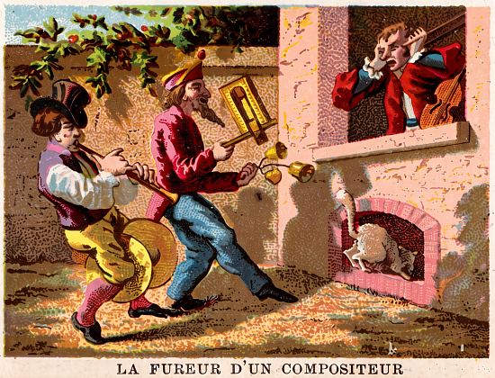 La fureur d'un compositeur. Chromolithographie publicitaire de la fin du XIXe siècle