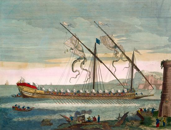 La Patronne : galère française du XVIIe siècle de 28 à 30 bancs. Gravure extraite du Neptune français (1695)