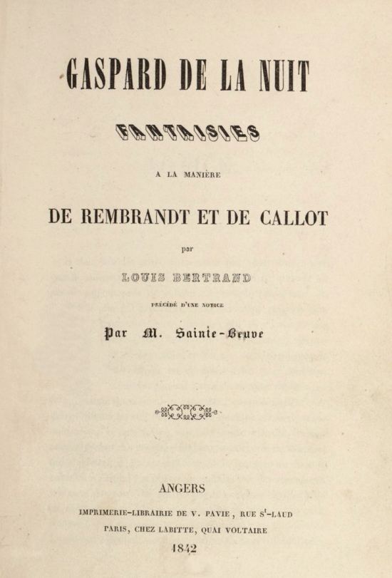 Gaspard de la Nuit, d'Aloysius Bertrand. Couverture de la première édition (1842)