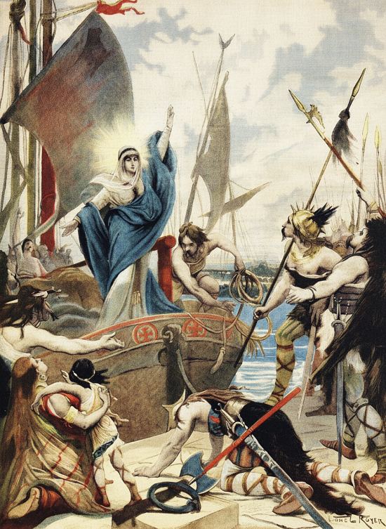 En 476, Paris est menacée par une guerre civile opposant les partisans de Syagrius, général gallo-romain commençant à se rapprocher des Wisigoths, et Childéric Ier, roi des Francs qui décide d'affaiblir Syagrius en entamant un siège de la ville. Sainte Geneviève, magistrate municipale de Paris, parvint à quitter Paris pour y revenir neuf jours plus tard, ayant surmonté des obstacles considérés comme infranchissables et rentrant avec une suite de bateaux bondés de vivres, sauvant une fois encore les Parisiens