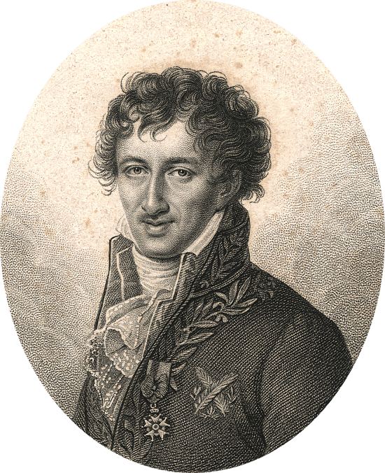 Georges Cuvier en tenue d'académicien, vers 40 ans. Gravure d'Ambroise Tardieu