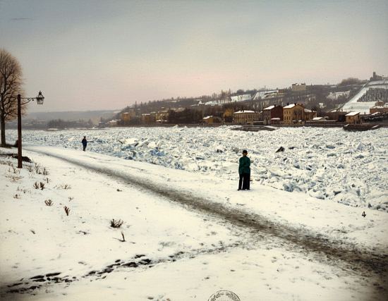 La mer de glace sur la Saône à Lyon, l'hiver 1879-1880. Photographie d'époque colorisée ultérieurement