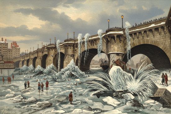La Seine gelée à Paris en décembre 1879. Gravure d'époque colorisée ultérieurement