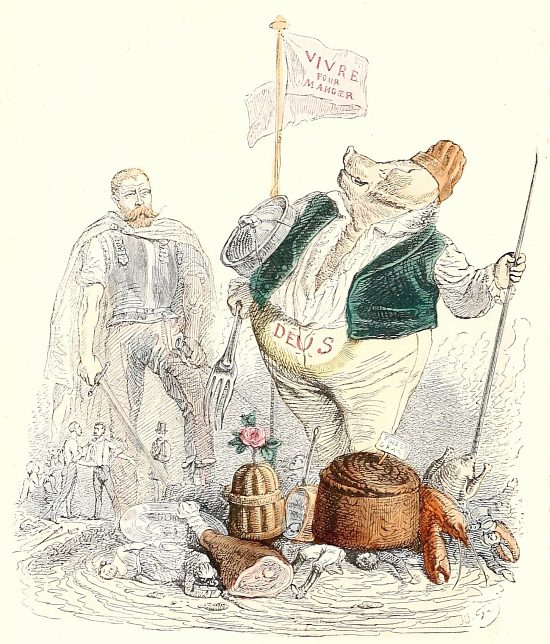 La gourmandise tue plus de gens que l'épée. Illustration de Grandville extraite de Cent proverbes, édition parue vers 1860