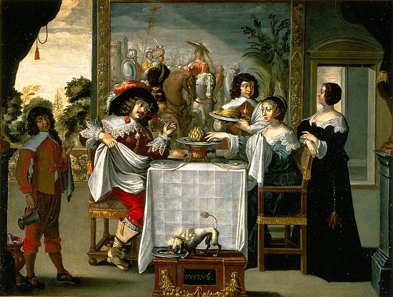 Le Goût. Peinture du XVIIe siècle réalisée d'après une estampe de la série des Cinq sens d'Abraham Bosse (1602-1676)