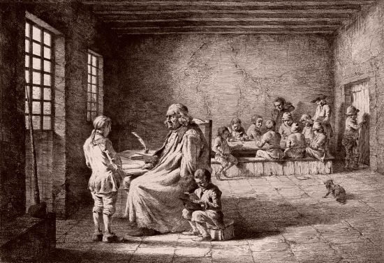 La petite école : le maître enseigne séparément à chaque élève, les filles étant installées dans un coin de la classe, à l'écart des garçons qui eux disposent d'une table pour écrire. Gravure du XVIIIe siècle