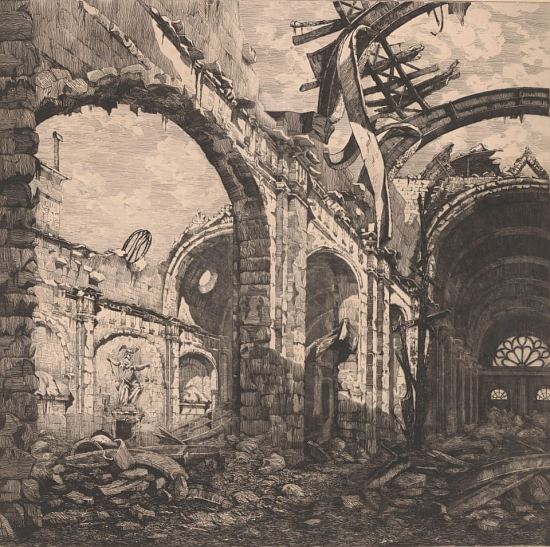 Salle des pas perdus du Palais de Justice de Paris après l'incendie de 1871. Gravure de Gabrielle Niel (1831-1919)