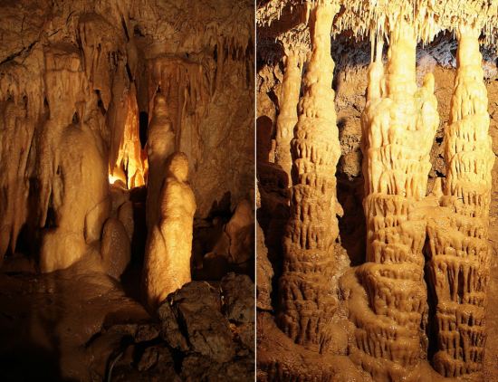 Grotte de Lastournelle : Salle de la Statue (à gauche) et Salle des Colonnes (à droite)