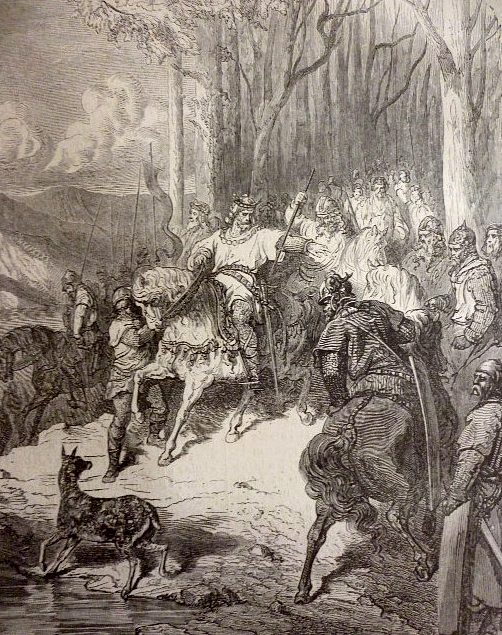 Sur les bords de la Vienne une biche indique un gué que Clovis cherchait. Illustration de Gustave Doré (1880)