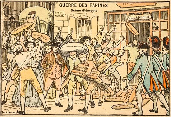 La guerre des Farines (règne de Louis XVI). Illustration réalisée d'après un dessin de Girard et extraite de Histoire de France de Gustave Gautherot, paru en 1934