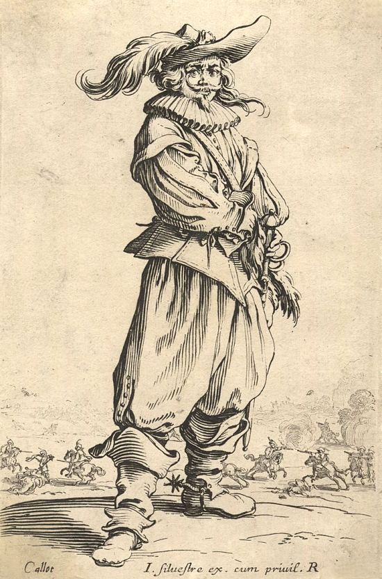 Le guerrier au chapeau orné d'une grande plume. Dessin de Jacques Callot (1592-1635)