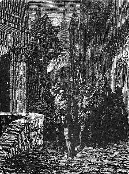 Le guet aux flambeaux dans les rues de Paris avant l'avènement des réverbères. Gravure extraite des Merveilles de la science (Tome 4) par Louis Figuier, paru en 1875