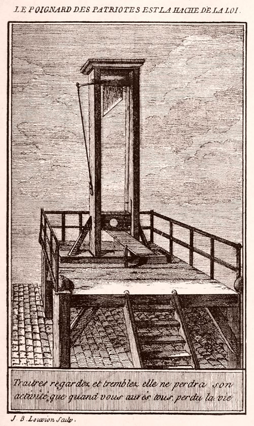 La guillotine en l'an II. Dessin publié dans La guillotine par G. Lenotre (1920) et réalisé d'après une gravure originale de Le Glaive vengeur de la République