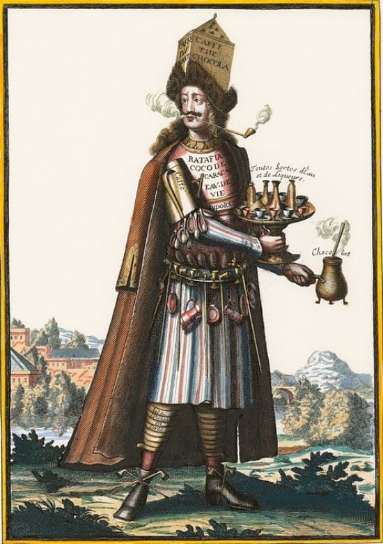 Habit de Caffetier (vêtement allégorique avec attributs professionnels). Gravure (colorisée ultérieurement) de Nicolas de Larmessin (1632-1694) extraite de la série Les costumes grotesques : habits des métiers et professions publiée en 1695