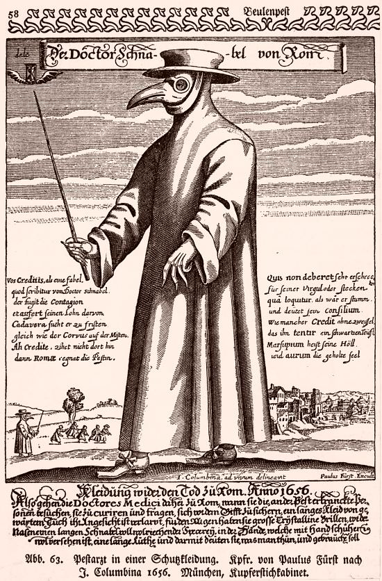 Habit et masque des médecins allant au contact des pestiférés. Gravure allemande de 1656
