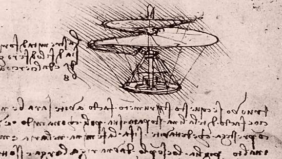 Croquis de Léonard de Vinci, datant de la fin des années 1480, d'une vis aérienne, plan d'aéronef à hélice à vol vertical
