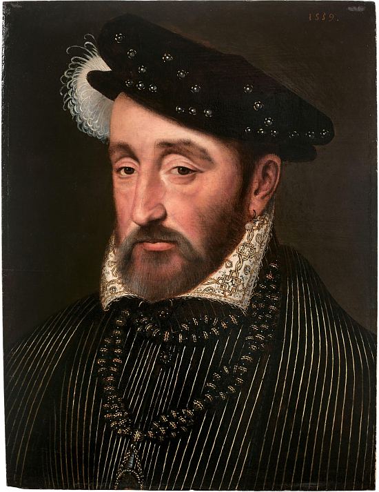 Portrait du roi de France Henri II. École française de la seconde partie du XVIe siècle, huile sur panneau de chêne d'après l'oeuvre de François Clouet réalisée en 1558 (et non en 1559 comme l'indique la date apposée en haut du tableau)
