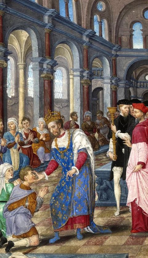 Henri II guérit les écrouelles dans le prieuré de Saint-Marcoul de Corbeny (Aisne) après son sacre à Reims. Enluminure extraite du Livre d'Heures du roi (1547)