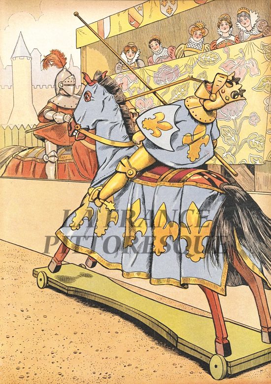 Henri II est mortellement blessé lors d'un tournoi. Illustration extraite de Jouons à l'Histoire. La France mise en scène avec les joujoux de deux petits Français de Job et Georges Montorgueil, paru en 1908