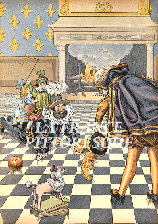 Henri IV jouant dans ses appartements avec ses enfants. Illustration extraite de Jouons à l'Histoire. La France mise en scène avec les joujoux de deux petits Français de Job et Georges Montorgueil, paru en 1908