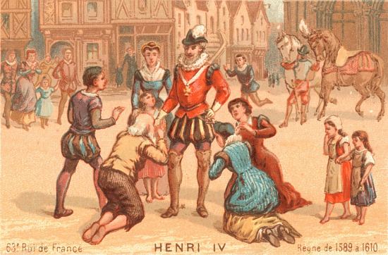 Henri IV à pied dans les rues de Paris. Chromolithographie de 1890 appartenant à une série sur les rois de France