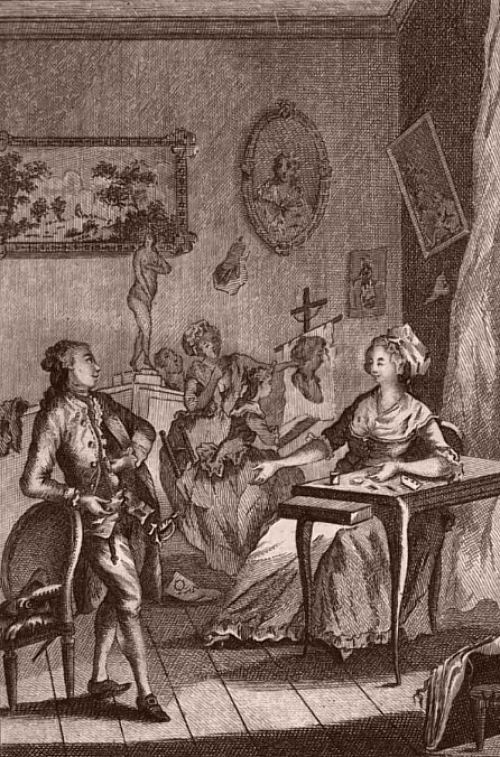 Histoire d'Ernestine (1762). Gravure extraite du Tome 5 des Œuvres complètes de madame Riccoboni, nouvelle édition revue et augmentée par l'auteur, paru en 1786