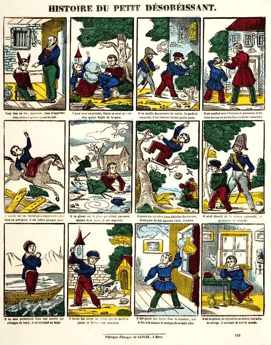 Histoire du petit désobéissant. Planche gravée coloriée au pochoir de l'Imagerie Pellerin, vers 1850