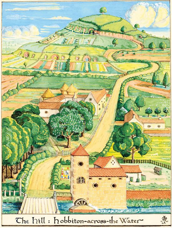 La Colline : Hobbiteville de l'autre côté de L'Eau (1937). Aquarelle peinte par J.R.R. Tolkien pour l'édition américaine après le succès de l'édition anglaise