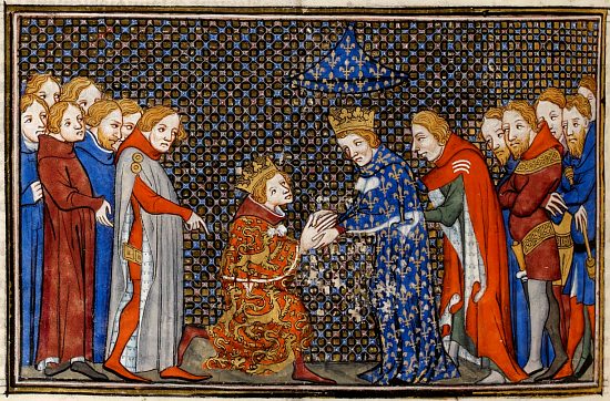 Hommage d'Edouard III d'Angleterre au roi de France Philippe VI de Valois en 1329. Enluminure extraite des Grandes Chroniques de France, manuscrit 2813 (vers 1375)