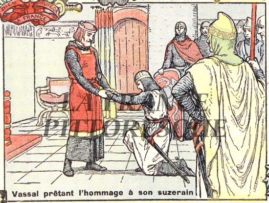 La féodalité : vassal prêtant l'hommage à son suzerain. Illustration extraite de Histoire de France de Gustave Gautherot, paru en 1934