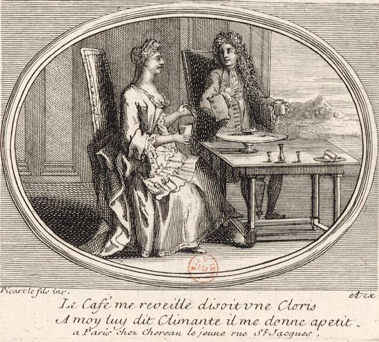 Un homme et une femme prenant du café. Gravure de Bernard Picart réalisée vers 1720