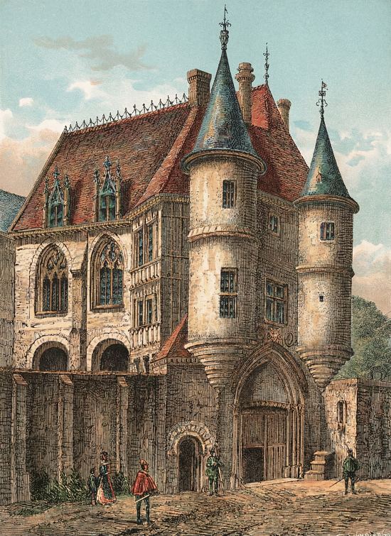 L'hôtel de Guise (ancien hôtel de Clisson) au XVIe siècle, où Belleau passa les dernières années de sa vie. Gravure (colorisée ultérieurement) de Félix Thorigny (1824-1870)