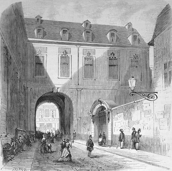 Hôtel de Nevers au milieu du XIXe siècle, rue de Richelieu à Paris, où siégea la Cour des Comptes à partir de 1087 à 1842. Gravure publiée dans L'Illustration du 25 juillet 1868