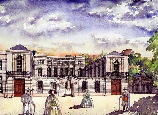 Hôtel de Maximilien Radix de Sainte-Foix vers 1780 (démoli en 1858 et qui s'élevait sur l'emplacement actuel de l'opéra Garnier). Aquarelle extraite de Paris autrefois : Les merveilles disparues du Moyen Age à la Belle Epoque, par Christian Bénilan (2006)