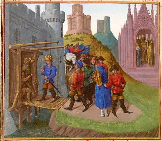 Hugues Capet se fait remettre les clefs de la ville de Laon par l'évêque Ascelin. Enluminure de Jean Fouquet extraite des Grandes chroniques de France (manuscrit français n°6465, vers 1450)