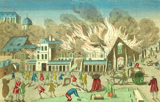 Vue de la Porte de la Treille de l'Incendie de la Foire Saint-Germain à Paris, arrivé la nuit du 16 au 17 mars 1762. Estampe de 1762